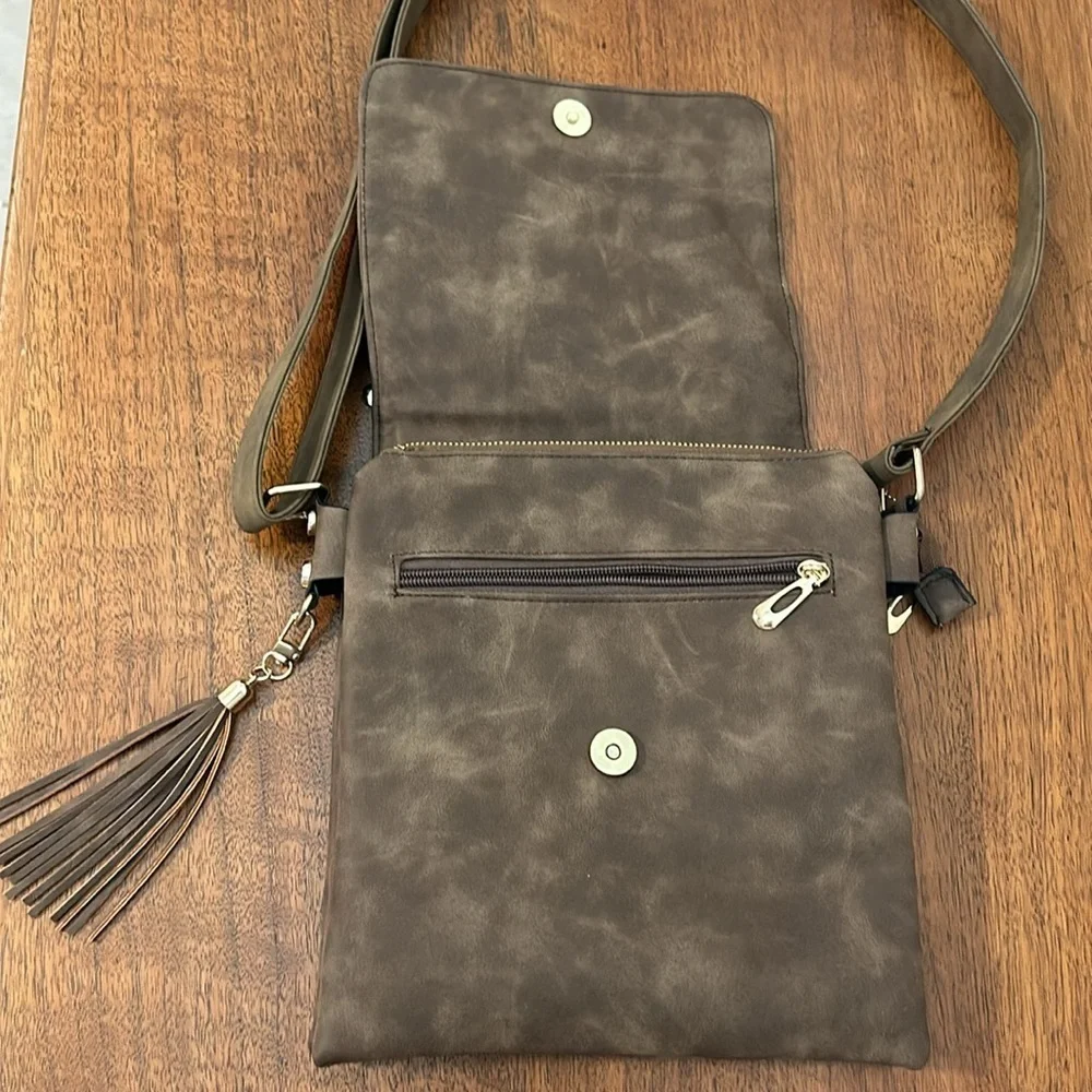Faux Suede Crossbody bag with Open Pockets and Zip Closure Pockets